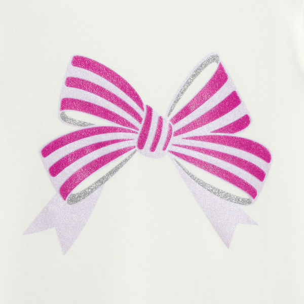 تيشيرت بأكمام قصيرة مزين بربطة، باللون الأبيض للفتيات